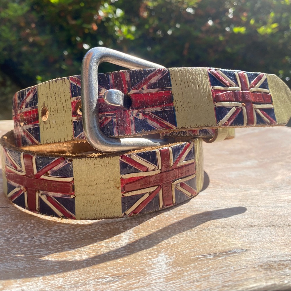 Leather Island by Bill Lavin One of a Kind Red and Blue Union Jack Leather Belt
